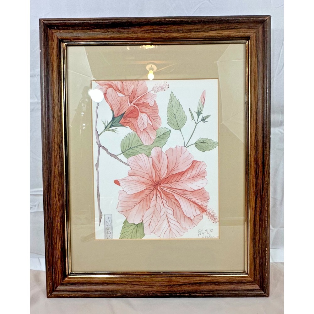VTG Elyse Wasile Hand-Signed Art Print Double Hibiscus Bahamian Botanical '82
